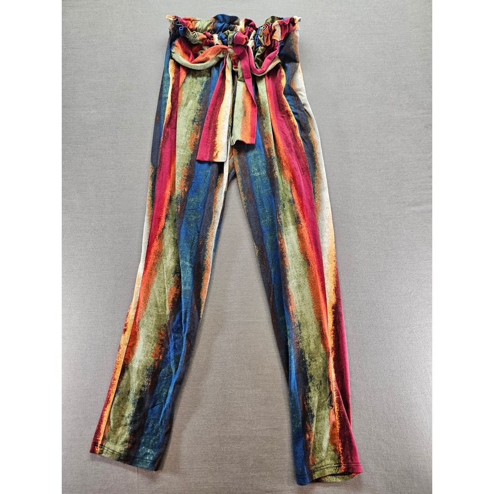 Rainbow Womens High Waist Paperbag Stripe Pants Multi Color Boho Slim Leg Small